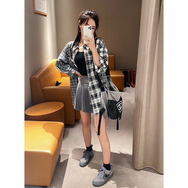 實拍  格子襯衫女寬鬆2024初秋新款別致港風chic上衣襯衣外套