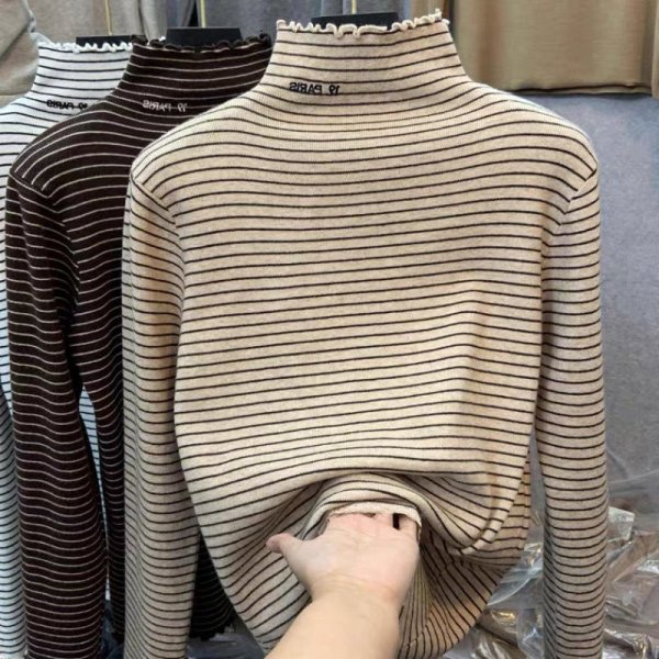 Threaded velvet 280g double-sided half-high collar striped bottoming shirt for women autumn and winter new style plus velvet fungus long-sleeved T-shirt