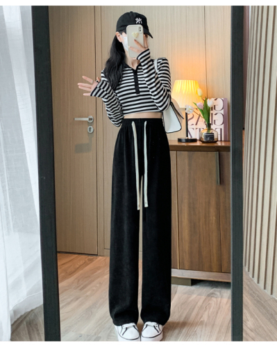 White corduroy wide-leg pants for women in spring and autumn, high-waisted, loose, casual, straight, autumn and winter plus velvet