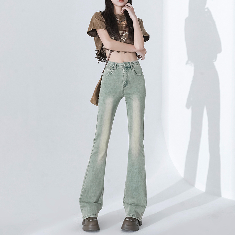 實拍2024早春時尚潮流修身微喇美式復古牛仔褲女