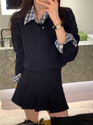 韩国chic春季新款复古简约polo领长袖针织衫
