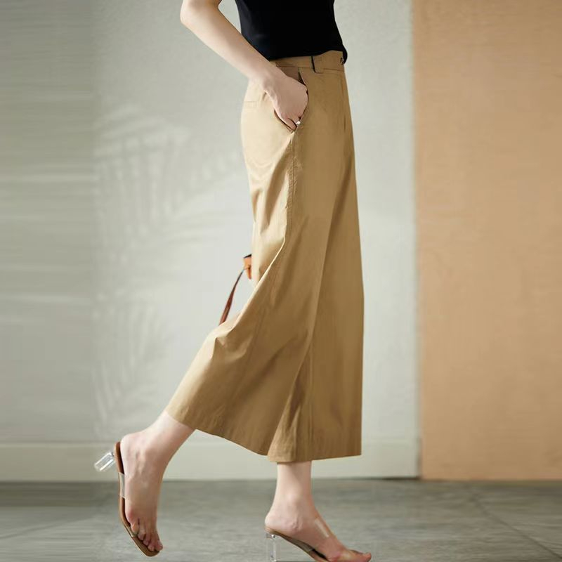 2024 spring and summer pure cotton nine-point pants high-waisted wide-leg pants new loose, breathable, comfortable, slimming casual pants for women