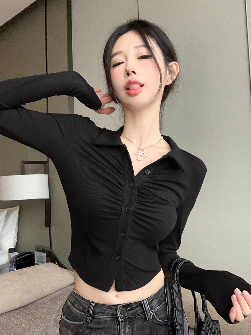 實拍  氣質純欲polo領T恤女褶皺修身百搭長袖打底衫上衣