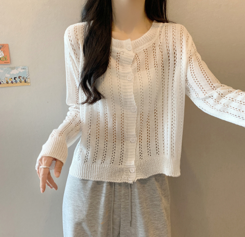 Real shot of knitted cardigan for women, thin hollow long-sleeved sun protection blouse, air-conditioning shirt top with small fragrance