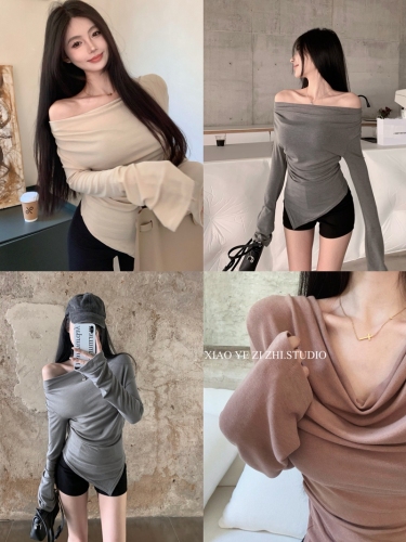 Real shot of autumn and winter pure lust sexy hottie style one-shoulder slim fit trumpet sleeves with bottoming shirt top