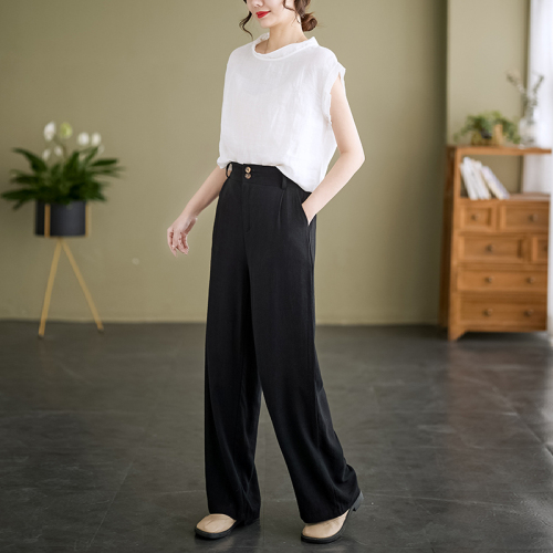 Real shot of linen wide-leg pants for women, high-waisted, thin cotton and linen pants for women, loose and slim, linen straight wide-leg pants