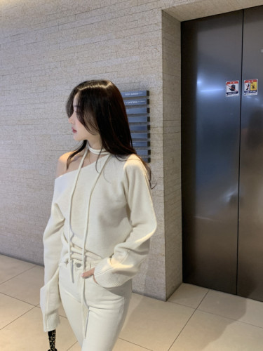 尺码更新韩国chic春季新款法式复古露肩系带长袖毛衣
