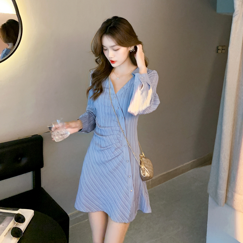 Real shot 2024 spring new French platycodon striped shirt skirt long-sleeved dress for women