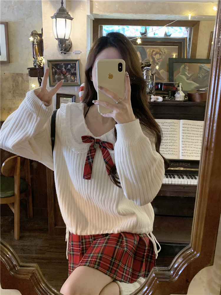 實拍~杏色長袖毛衣女高腰顯瘦紅格百褶短裙兩件套