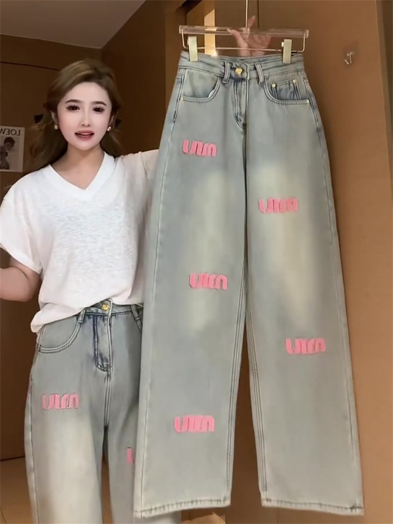 美式高街繡花闊腿牛仔褲女秋冬高腰復古寬鬆闊腿褲小個子拖地長褲