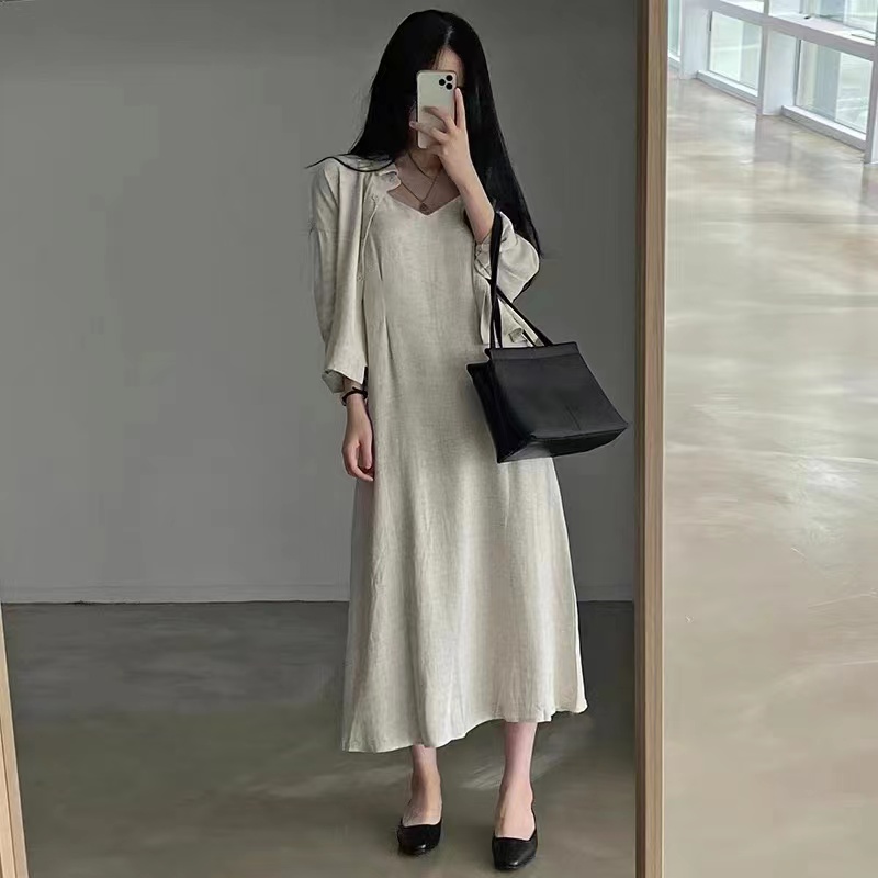 韓國ins薄款棉麻防曬襯衫+長款內搭吊帶連衣裙套裝女