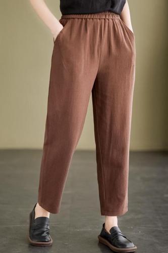 Actual shot of the new 2024 large size retro linen casual pants for women, artistic multi-color lace-up elastic waist harem pants