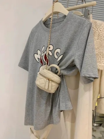 可愛減齡小兔子撞色字母印花寬鬆圓領百搭短袖T恤女純棉上衣