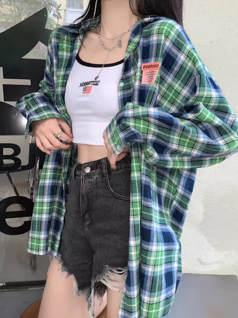 純棉長袖防曬格子襯衫女春秋寬鬆抗皺無性別穿搭襯衣