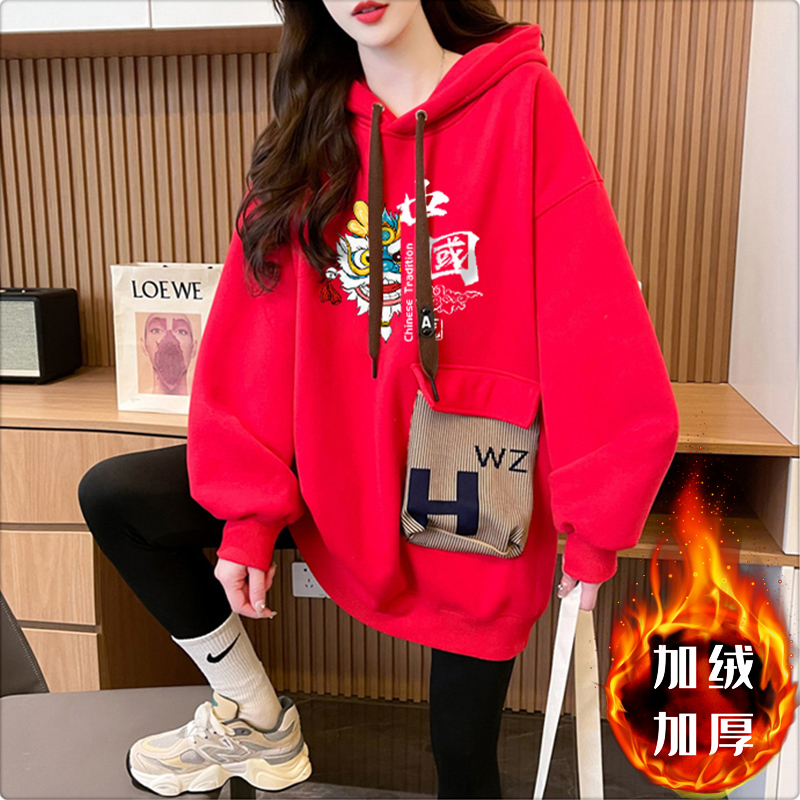 First imitation Chinese cotton velvet plus velvet thickened three-dimensional bag 2024 New Year hooded sweatshirt for women