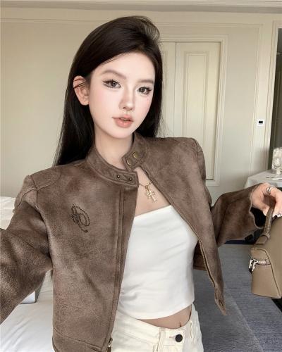 Real shot of Maillard Autumn Retro Suede Chest Hot Drilled Small Fragrance Jacket Short Right Shoulder Temperament Stand Collar Top Women