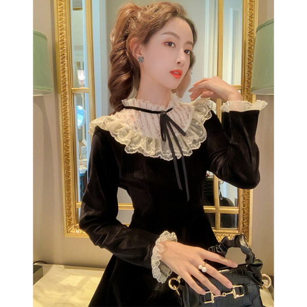 Small gold velvet dress for women in spring and autumn with French style mid-length bottoming skirt slim black skirt