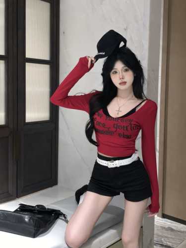 Real shot ~ Gothic printed short long-sleeved T-shirt for women in fall with suspenders and layered sweet tops