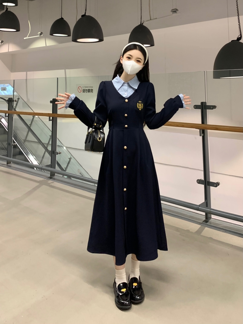 Plus size women's fake two-piece fashionable and exquisite dress spring and autumn college style covering the flesh and slimming artistic chic long skirt