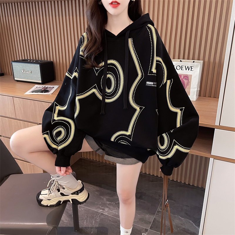 Real shot 2024 spring Korean style loose anti-cotton hooded fake two-piece large size thin sweatshirt for women