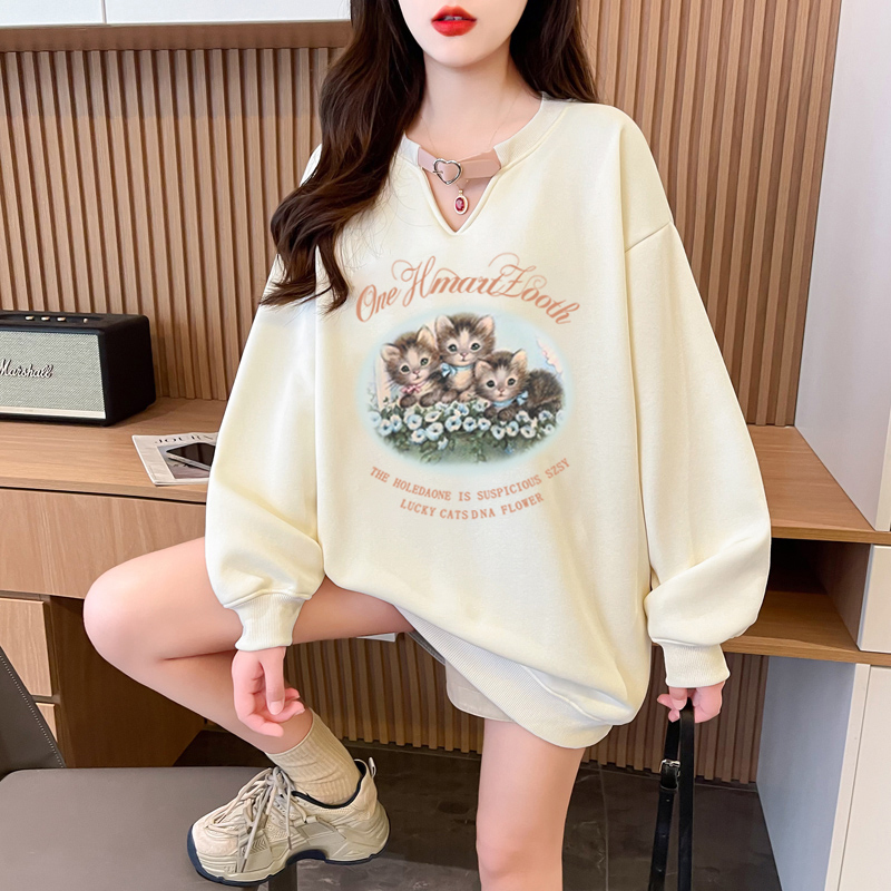 First real shot of pure cotton Chinese cotton composite milk silk 320g hollow V-neck 300kg belt buckle sweatshirt for women trendy