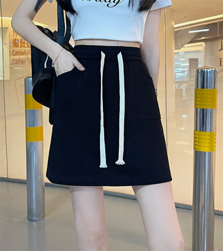 Real shot of new summer loose casual slim A-line all-match drawstring skirt skirt for women