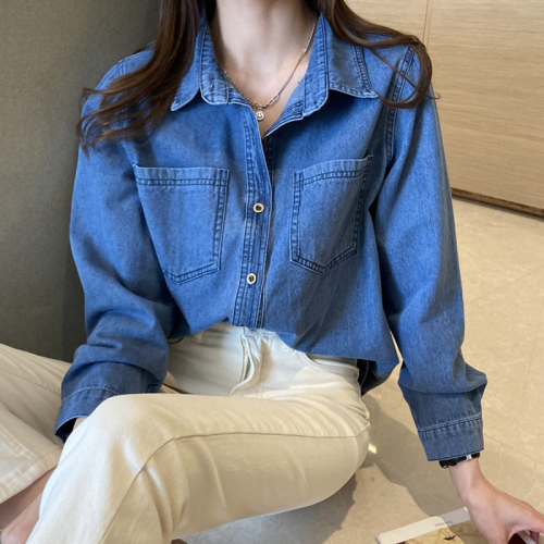 Internet celebrity spring new style Hong Kong style denim shirt jacket women's design long-sleeved Korean style shirt top