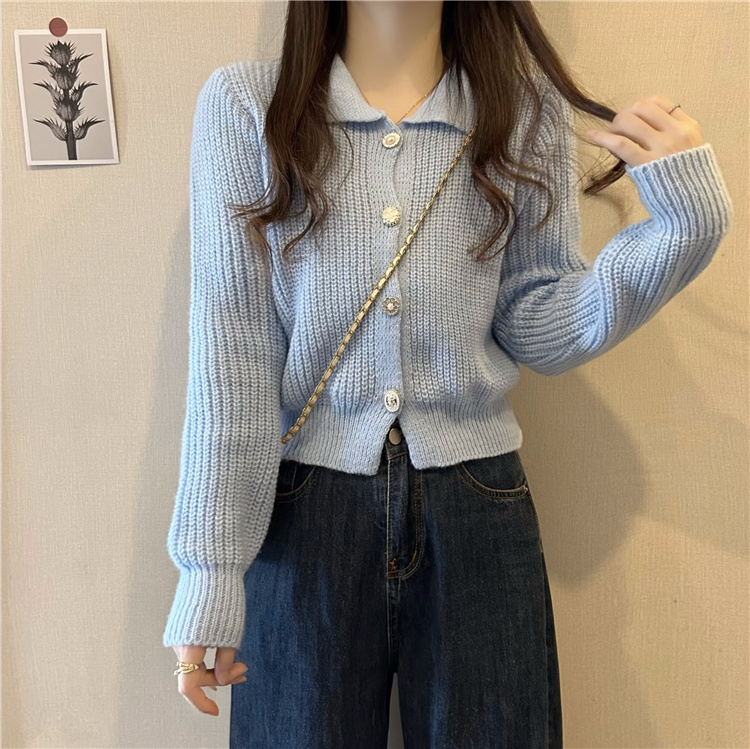 Actual shot ~ New style lapel small fragrant short cardigan polo collar sweater jacket
