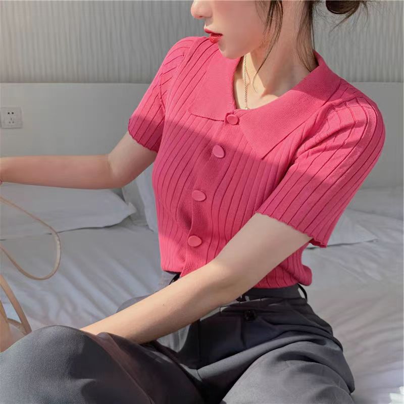 大碼微胖mm穿搭減齡POLO衫百搭夏裝短袖冰絲上衣女修身洋氣針織衫
