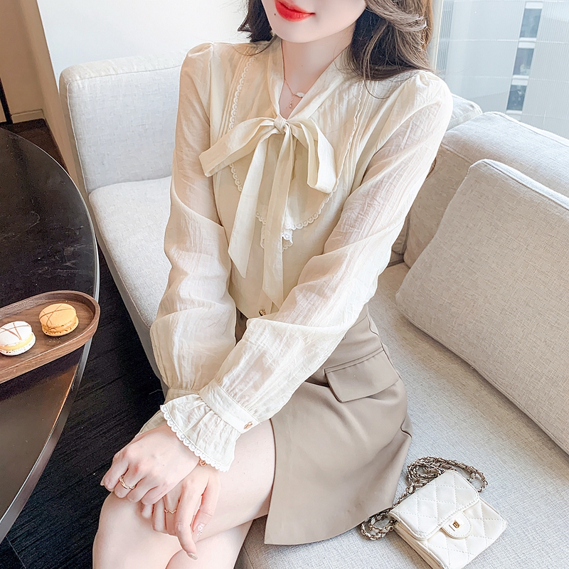 French bow chiffon apricot shirt 2024 early spring new women's autumn long-sleeved shirt