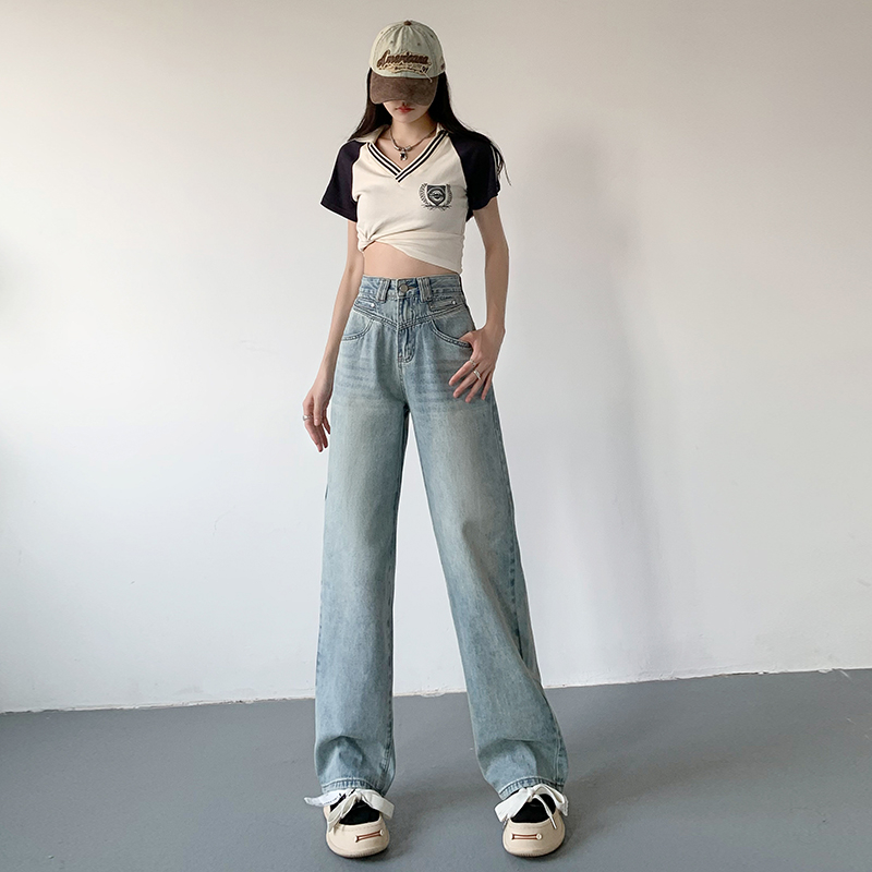 實拍2024早春高腰顯瘦闊腿牛仔褲女