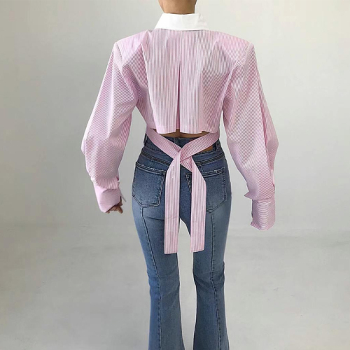 韩国chic 春季小众设计感翻领后背镂空绑带系扣宽松百搭短款衬衫
