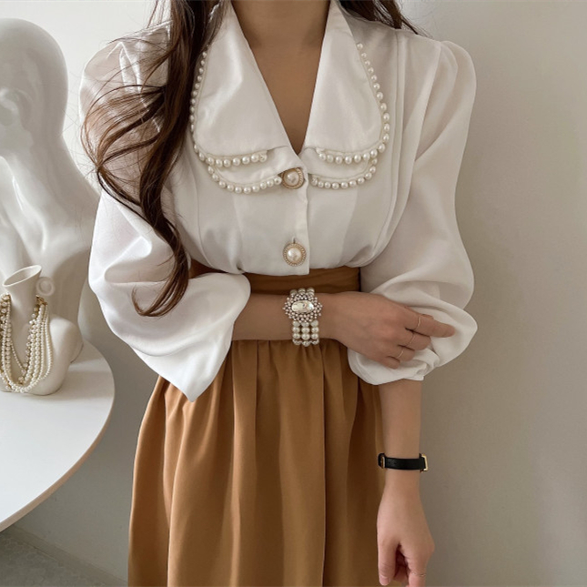 !  Socialite style pearl-embellished versatile double-layer doll collar shirt slimming top