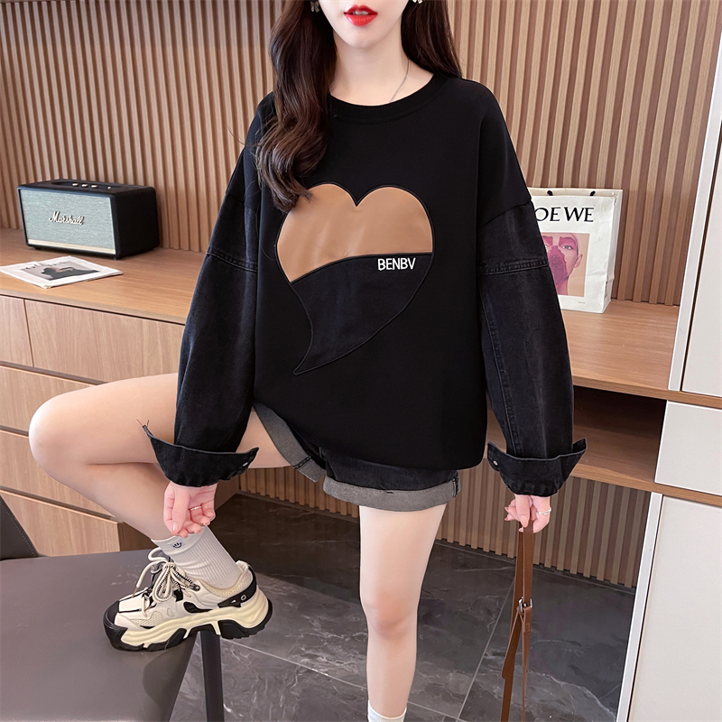 Real shot 2024 spring Korean style loose anti-cotton hooded fake two-piece large size thin sweatshirt for women