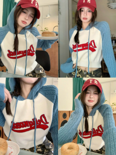 Real shot ~ American retro hottie raglan sleeve knitted short hooded sweatshirt for small women