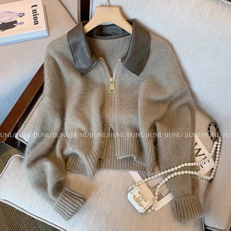 Designed stitching leather collar double zipper sweater women's 2024 autumn and winter new soft and waxy chic retro top