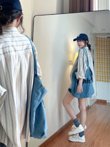 Spring and Autumn thin striped shirt women's Korean style shirt jacket design niche blue French mid-length top trendy