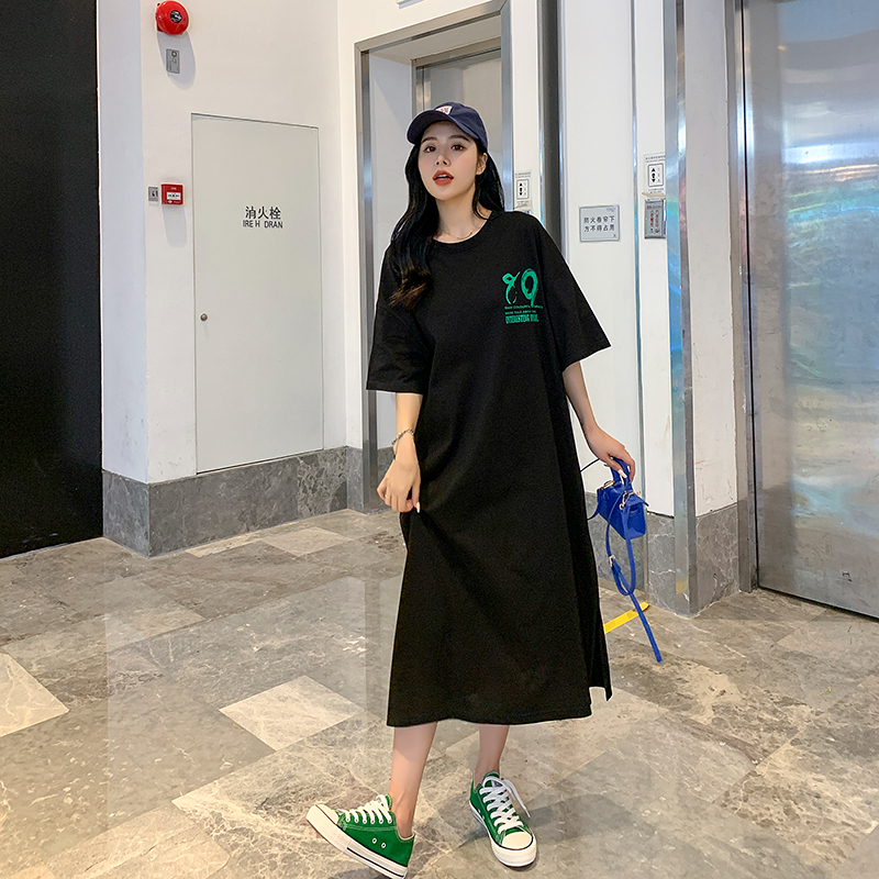 大碼女裝胖妹妹2024夏季新款圓領寬鬆百搭森系連衣裙