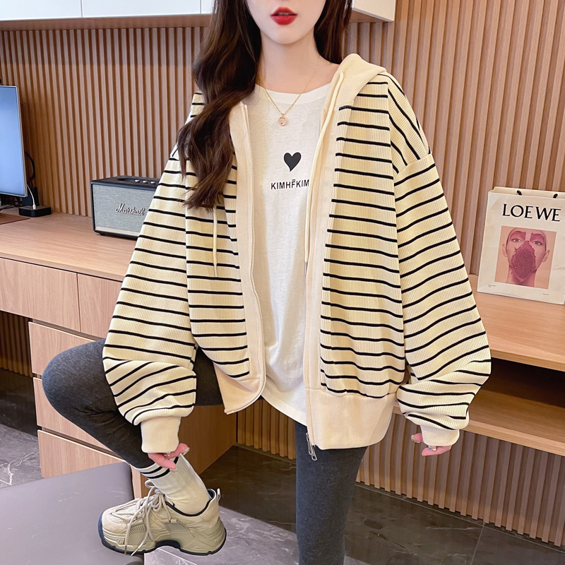 Actual shot-2024 spring Korean style striped 35 rayon 290g 65m woolen large size thin sweatshirt for women