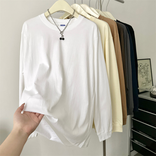 Actual shot of 260g pure cotton large size long-sleeved T-shirt for women spring and autumn new bottoming shirt loose thin ins solid color top