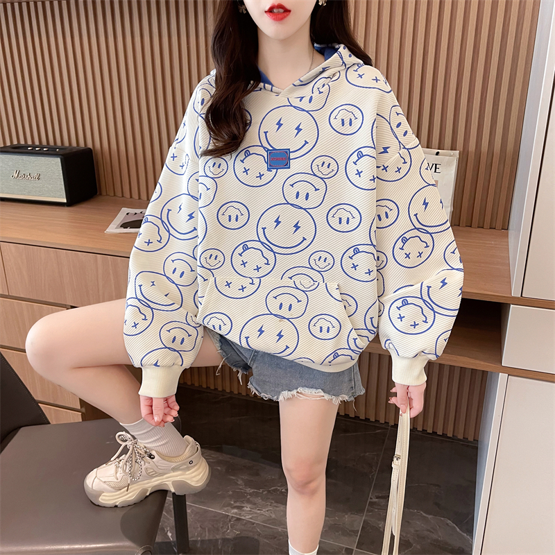Real shot 2024 spring Korean style loose back bag collar jacquard hooded smiley print large size thin sweatshirt for women