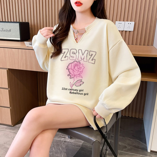 First real shot of pure cotton Chinese cotton composite milk silk 320g hollow V-neck 300kg belt buckle sweatshirt for women trendy