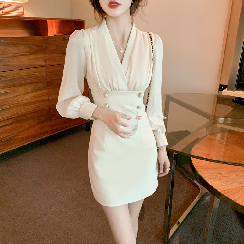 實拍 2024春季新款女裝法式拼接V領裙子長袖連衣裙女