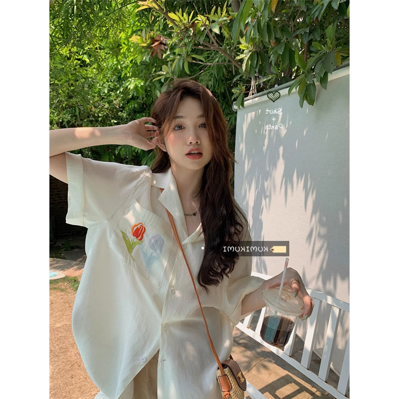 Tulip embroidered chiffon shirt women's summer design niche short-sleeved shirt thin top trendy