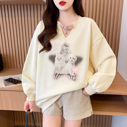 First real shot of pure cotton Chinese cotton composite milk silk 320g hollow V-neck 300kg belt buckle sweatshirt for women trendy