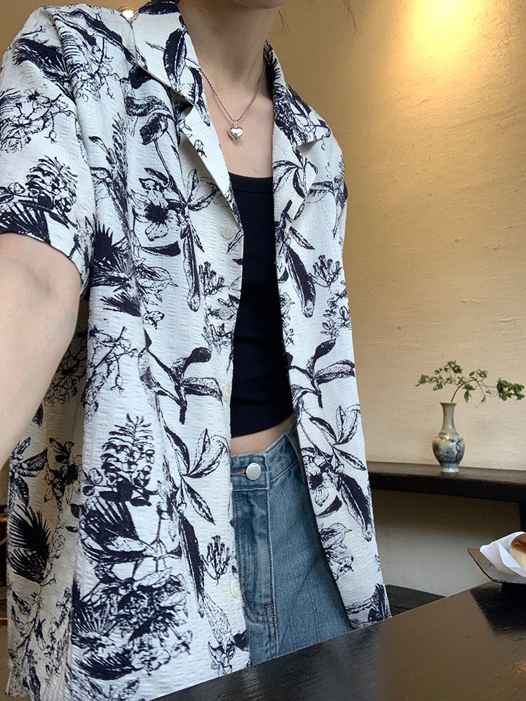 Japanese ink print shirt women's summer retro loose short-sleeved shirt design casual top