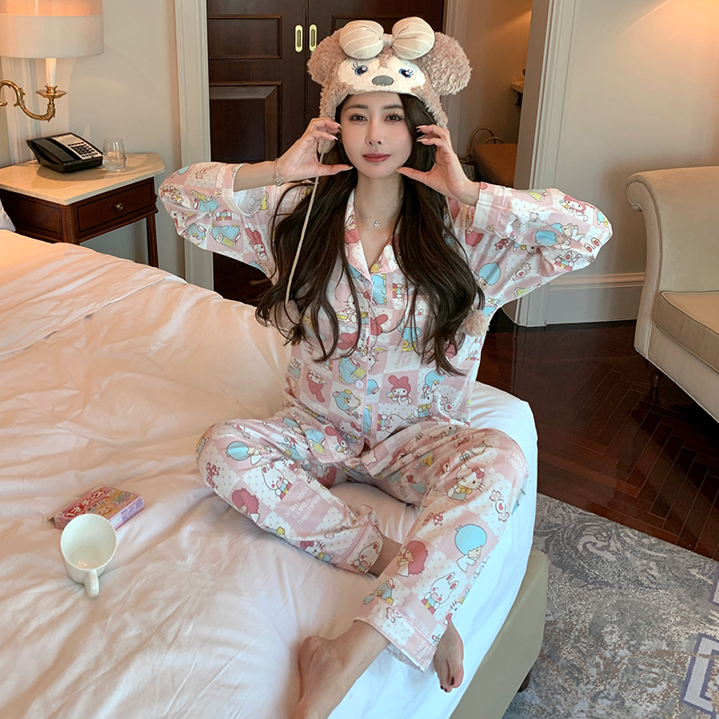Long-sleeved long pants two-piece pajamas for women 2024 spring and autumn loose plus size home wear cartoon KT cat suit