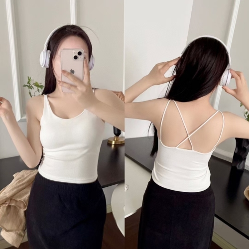 2024 New Style Pure Lust Hot Girl Slim Fit Cross Strap Padded Beautiful Back Camisole Top