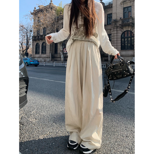 Actual shot!! 2024 new loose slimming wide-leg pants elastic high-waisted straight solid color casual pants for women