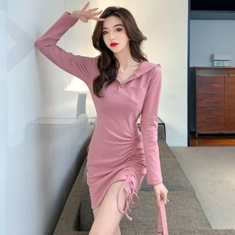 New European and American hot girl style new hooded v-neck pure desire long-sleeved women's fashion dress for small people